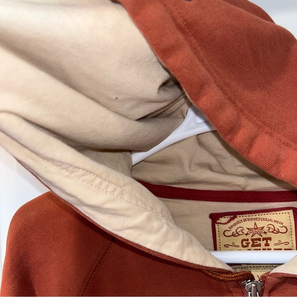 Rare Get Lucky fullzip drawstring graphic sweatshirt hooded brown unisex size XL - Picture 5 of 8